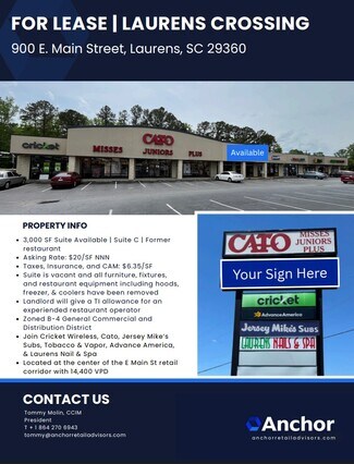 Plus de détails pour 900 E Main St, Laurens, SC - Local commercial à louer